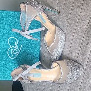Betsey Johnson Blue  Silver Rhinestone with ribbon tie ankle.